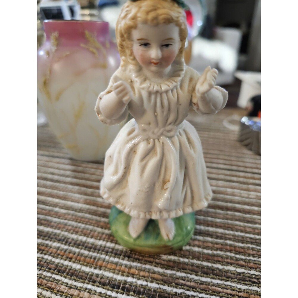 Antique German Bisque Figurine Girl Tree Stump Spill Vase Match Holder Posy